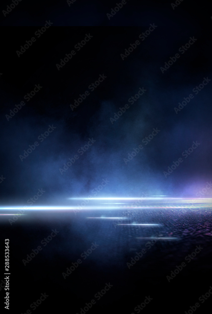 Wet asphalt, reflection of neon lights, a searchlight, smoke. Abstract light in a dark empty street with smoke, smog. Dark background scene of empty street, night view, night city.