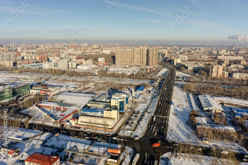 Aerial view on bridge on Melnikayte street. Tyumen