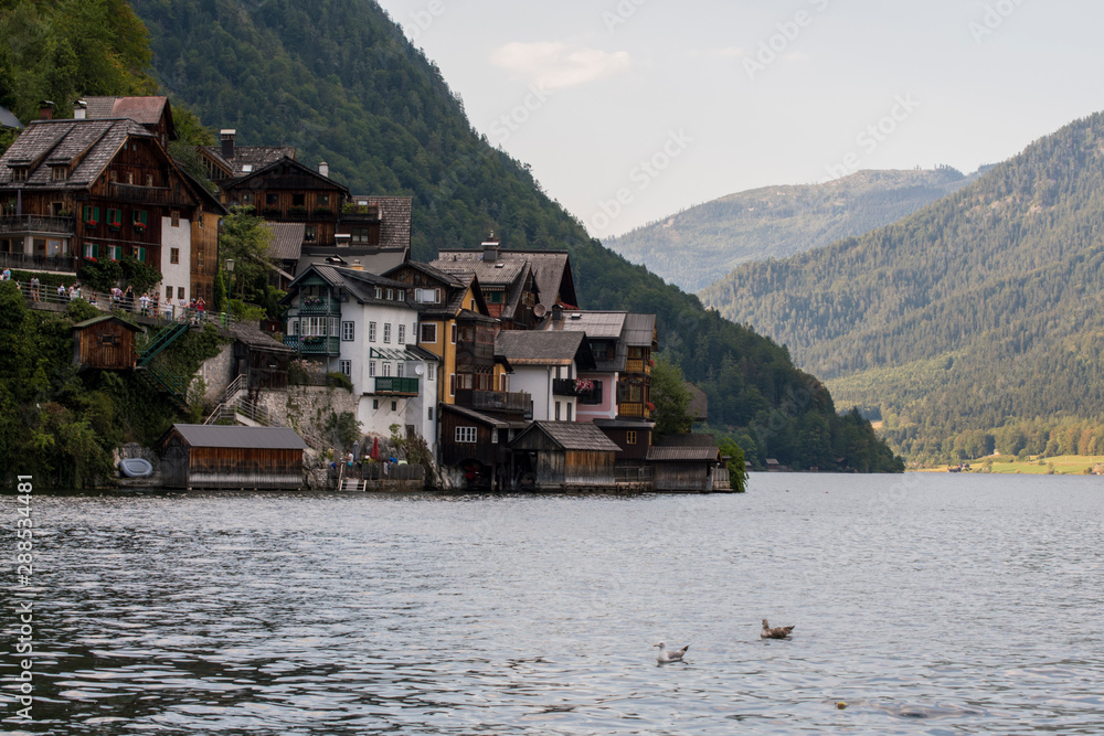 Amazing view of Hallstatt village in Alps at dusk, Austria