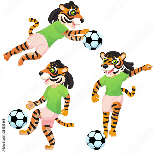 Three tiger girls as the footballers in uniform in dynamic poses with the soccer ball