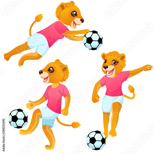 Three lion girls as the footballers in uniform in dynamic poses with the soccer ball