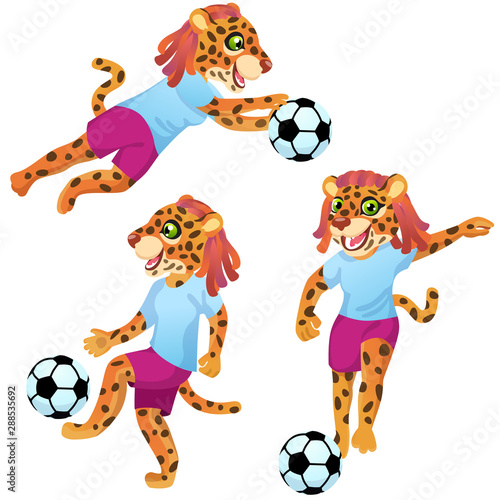 Three jaguar girls as the footballers in uniform in dynamic poses with the soccer ball