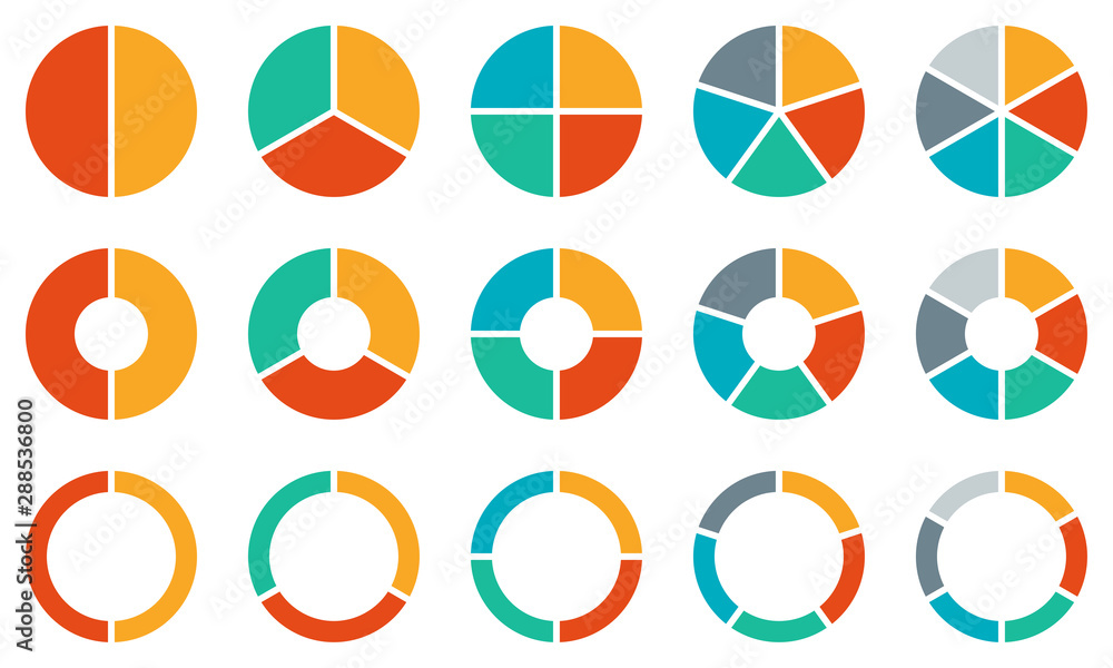 Pie chart set. Colorful diagram collection with 2,3,4,5,6 sections or