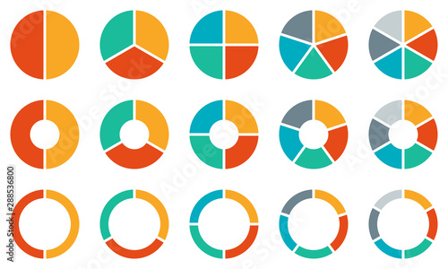 Pie chart set. Colorful diagram collection with 2,3,4,5,6 sections or steps. Circle icons for infographic, UI, web design, business presentation. Vector illustration.