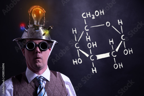 Nerd presenting handdrawn chemical formula of formic glucose