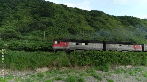 old Japanese train rides RZD on the narrow gauge railway Sakhalin island
