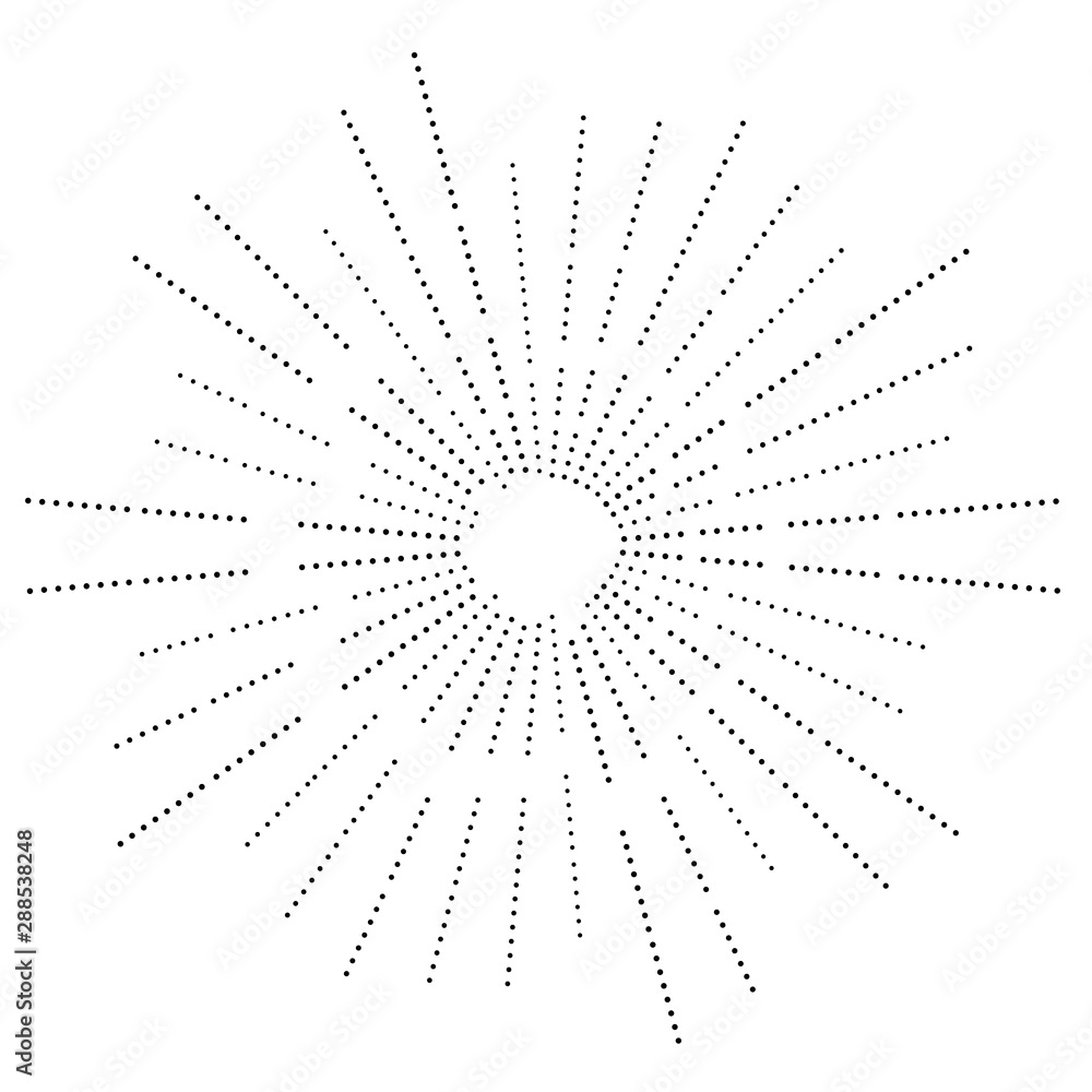 Halftone rays, beams. dots, dotted radial burst lines. Sparkle, fireworks, gleam design. Circular, concentric stripes. radiating, converging trail lines Halftone rays, beams. dots, dotted radial burst lines. Sparkle, fireworks, gleam design. Circular, concentric stripes. radiating, converging trail lines