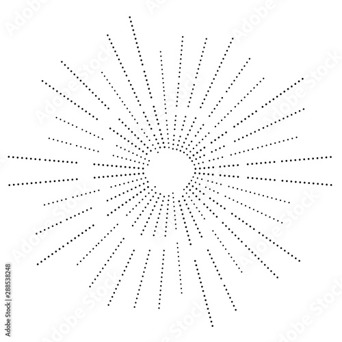 Halftone rays  beams. dots  dotted radial burst lines. Sparkle  fireworks  gleam design. Circular  concentric stripes. radiating  converging trail lines
