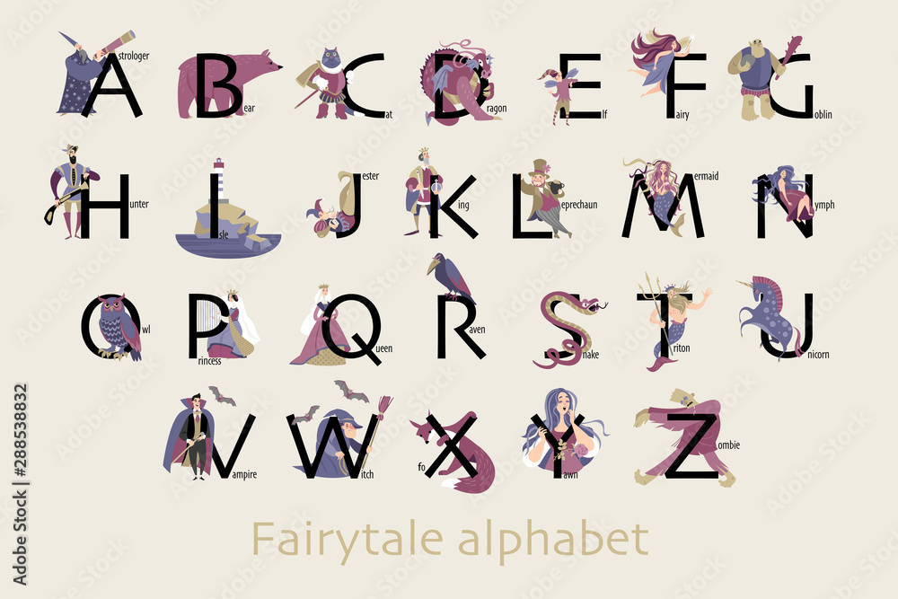 Fairytale alphabet. Funny characters and animals, monsters and heroes of folklore are isolated on a neutral background.