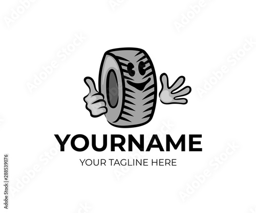 Wheel or tire cartoon character, logo design. Tire fitting, service station and repair car, vector design and illustration