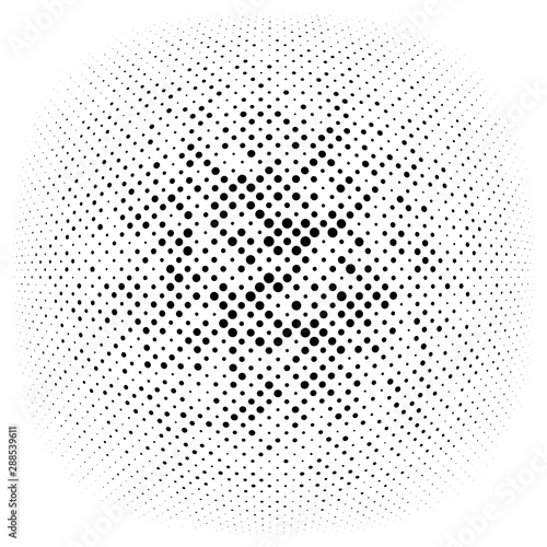 Half-tone dots, circles, dotted element. Sphere, orb or globe distortion speckles. Diffuse radial, radiating bloat, bulge warp. Polka-dot inflate design. Circular geometric pattern, abstract circles