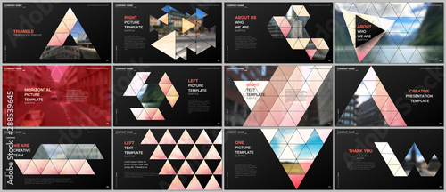 Minimal presentations design, portfolio vector templates with triangular design background, triangle style pattern. Multipurpose template for presentation slide, flyer leaflet, brochure cover, report.