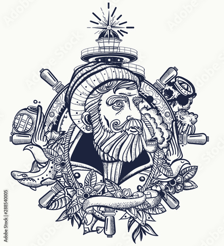 Old captain smokes a pipe. Bearded seaman portrait. Tattoo and t-shirt design. Sea wolf, lighthouse, steering wheel. Ocean adventure tattooing style