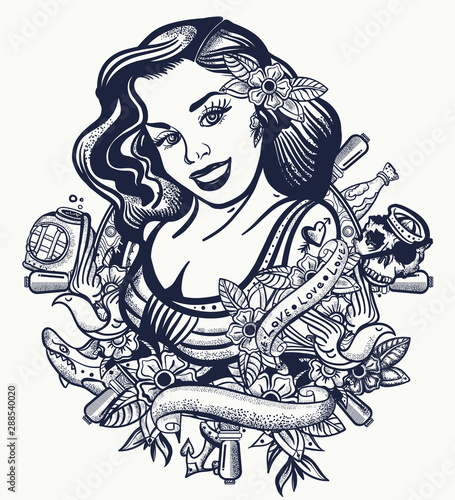 Sailor girl pin up style. Tatoo and t-shirt design. Sea woman, steering whell, anchor and flowers. Old tattooing art