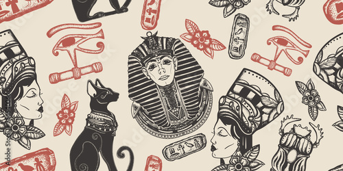 Ancient Egypt seamless pattern. Pharaoh, black cats, sacred scarab. History art. Egyptian civilization background. Old school tattoo style