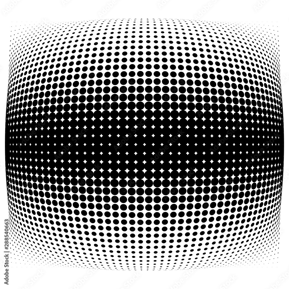 Half-tone dots. Dotted, circles pattern. Sphere, orb or globe distortion speckles. Diffuse radial, radiating bulge, bloat warp. Polka-dot inflate design. Abstract circles circular geometric pattern