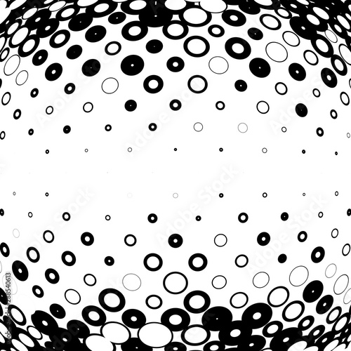 Half-tone dots. Dotted, circles pattern. Sphere, orb or globe distortion speckles. Diffuse radial, radiating bulge, bloat warp. Polka-dot inflate design. Abstract circles circular geometric pattern