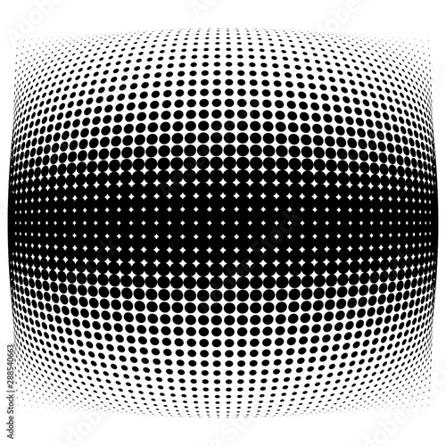 Half-tone dots. Dotted, circles pattern. Sphere, orb or globe distortion speckles. Diffuse radial, radiating bulge, bloat warp. Polka-dot inflate design. Abstract circles circular geometric pattern