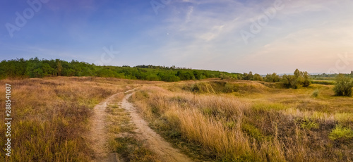 Idyllic autumn rural panorama with and a country track across a meadow with dry grass and hay. Beautiful evening scene  peaceful sunset light over the steppe vegetation.