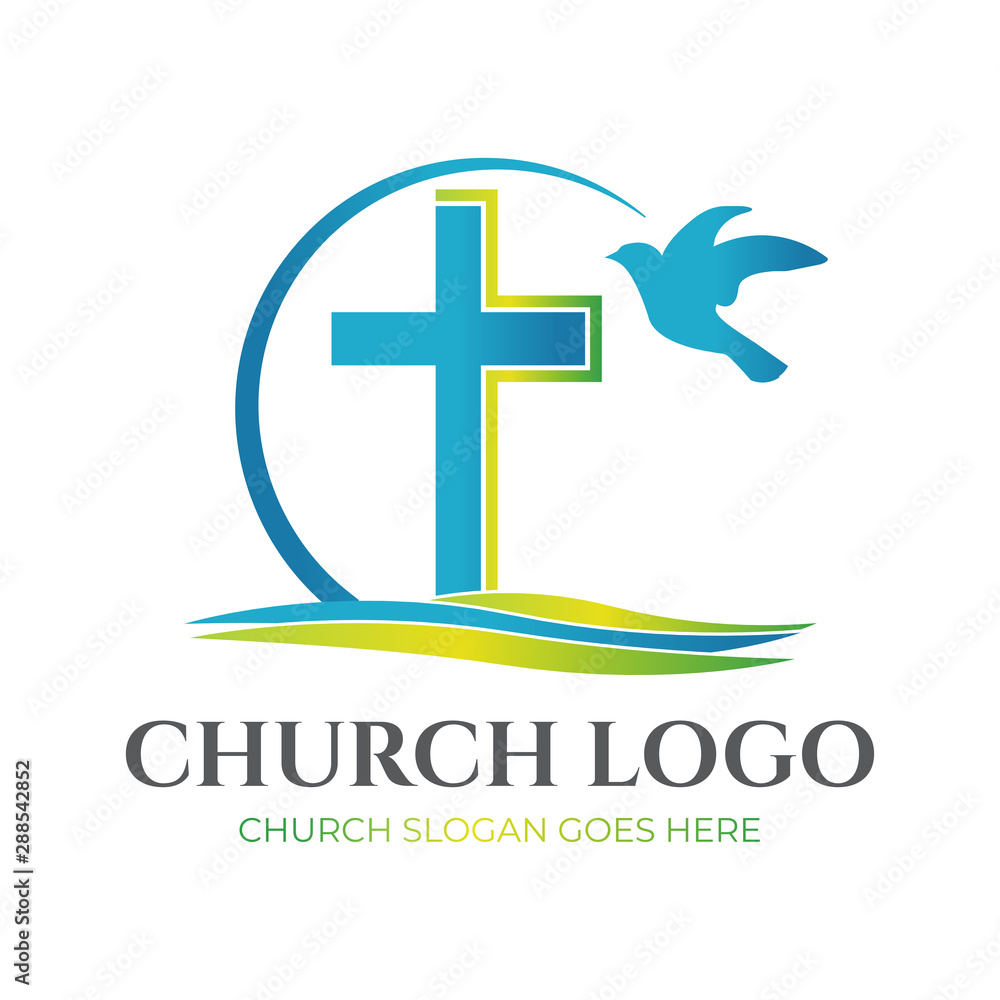 Fototapeta premium Christian Church Logo Design with Cross and Pigeon