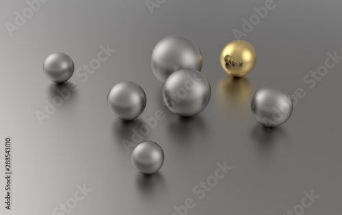 Concept Leader Sphere Of Metallic Group. Gold among silver ball. 3d Render Illustration