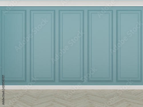 classic blue wall with wood floor 3d render