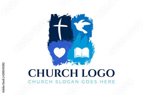 Fotobehang Christian Church Logo Design with Cross, Dove, Hearth and Bible