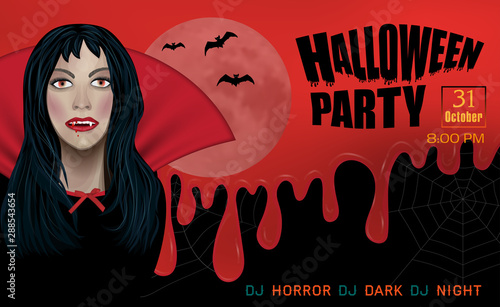 Halloween invitation template or poster, banner horizontal. Young Vampire Woman on the background of blood, spider webs and full moon. Vector