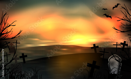 Halloween glow background. Graveyard with tombstones terrible night. Vector