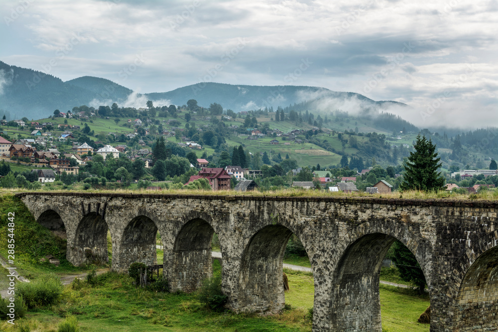 View of the old viaduct in the village of Vorokhta. Ukraine.