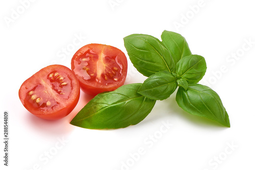 Fresh Green Basil Leaves with cherry tomatoes, isolated on white background