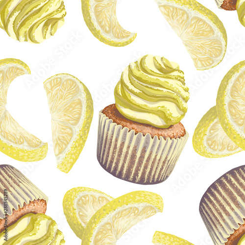 Vector of seamless pattern scattered lemons, crumbly gentle wet biscuit cupcakes, stunning cream soft air cheese cream, beige color, taste lemon. Light paper cake mold got wet from the cake juiciness