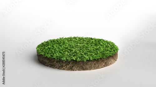 Round green grass land piece isolated on white background. 3D illustration