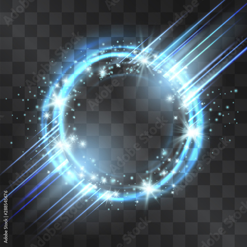 Light effect circle frame with blue neon laser, glowing tail of shining stardust sparkles, cold illumination. Glistening blizzard energy ring flows in motion. Luxurious design element. Space portal.