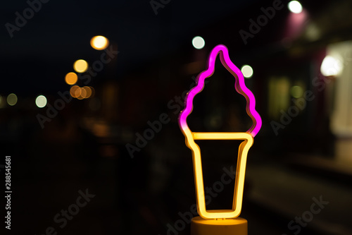 Neon sign for ice cream. Holiday and Summer time.