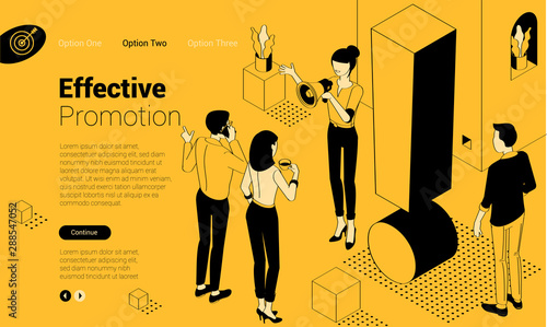 Exclamation mark. Flat design isometric vector illustration of young man and woman with alert sign. Exclamation mark, answer for question, alert, warning and notification.