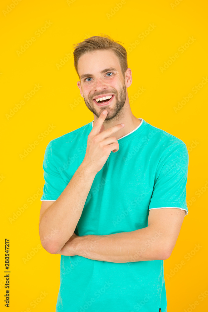 Idea. Male beauty. Barber hairdresser salon. Handsome bearded man. Something on his mind. Handsome man thinking yellow background. Well groomed handsome guy with bristle and stylish hairstyle Idea. Male beauty. Barber hairdresser salon. Handsome bearded man. Something on his mind. Handsome man thinking yellow background. Well groomed handsome guy with bristle and stylish hairstyle