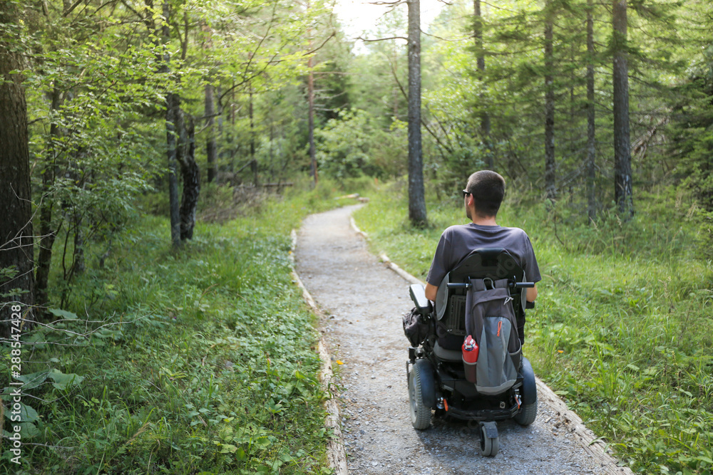 Happy man on wheelchair in nature. Exploring forest wilderness on an accessible dirt path. Happy man on wheelchair in nature. Exploring forest wilderness on an accessible dirt path.