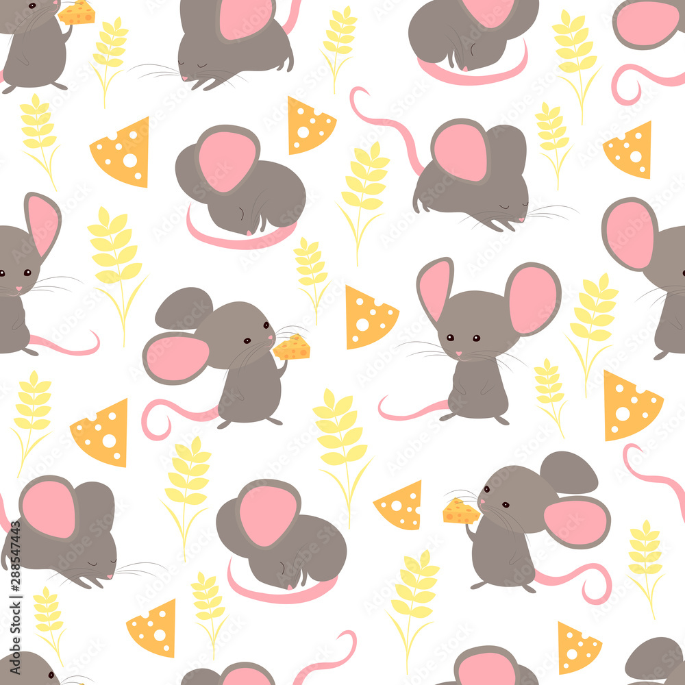 Seamless pattern funny cute little happy mice with a slice of cheese and a spikelet of wheat. Cartoon animals in different poses vector illustration. Background with Mouses New Year 2020.