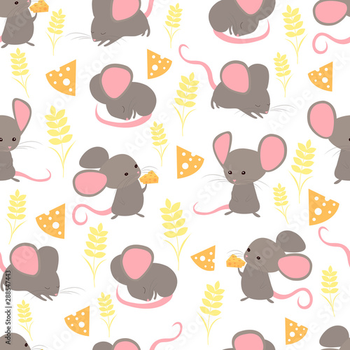 Seamless pattern funny cute little happy mice with a slice of cheese and a spikelet of wheat. Cartoon animals in different poses vector illustration. Background with Mouses New Year 2020.