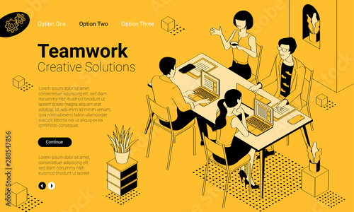 Black and yellow flat design isometric vector illustration of business communication in modern office. Trendy color template for teamwork and workflow for presentation, website and app design.
