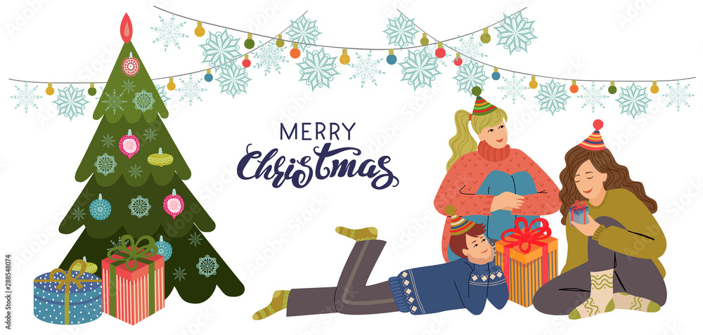 Fototapeta premium Young people prepares presents near Christmas tree. Isolated Vector flat illustration on a white background. Freehand drawing for postcards, banners or posters