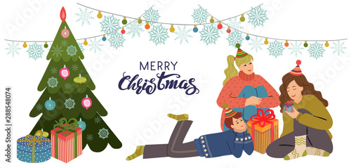 Young people prepares presents near Christmas tree. Isolated Vector flat illustration on a white background. Freehand drawing for postcards, banners or posters