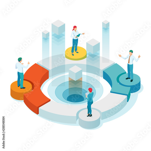 Isometric Referral marketing, network marketing, referral program strategy, referring friends, business partnership, affiliate marketing concept.