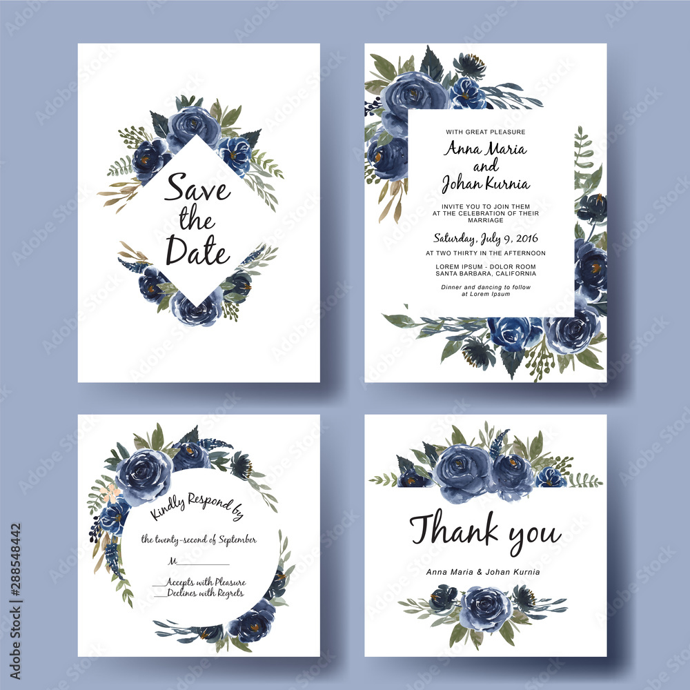 wedding invitation set of watercolor flower bouquet navy blue