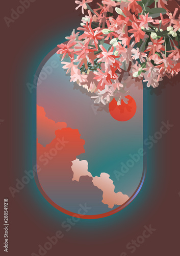 plane cabin windows and tropical flowers