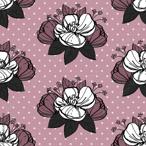 black and white flowers silhouette outline buds with leaves seamless pattern , dusty pink repeatable vector texture tile square. scandinavian modern print  , polka dots background