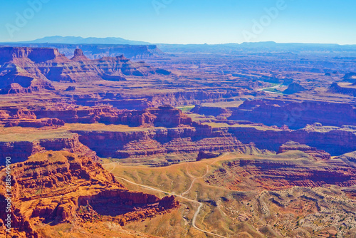 View of Dead Horse Point State Park and Canyonlands National Park in the background in Utah, USA.
