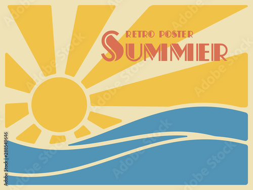 Summer retro poster. Sun over the sea waves. 