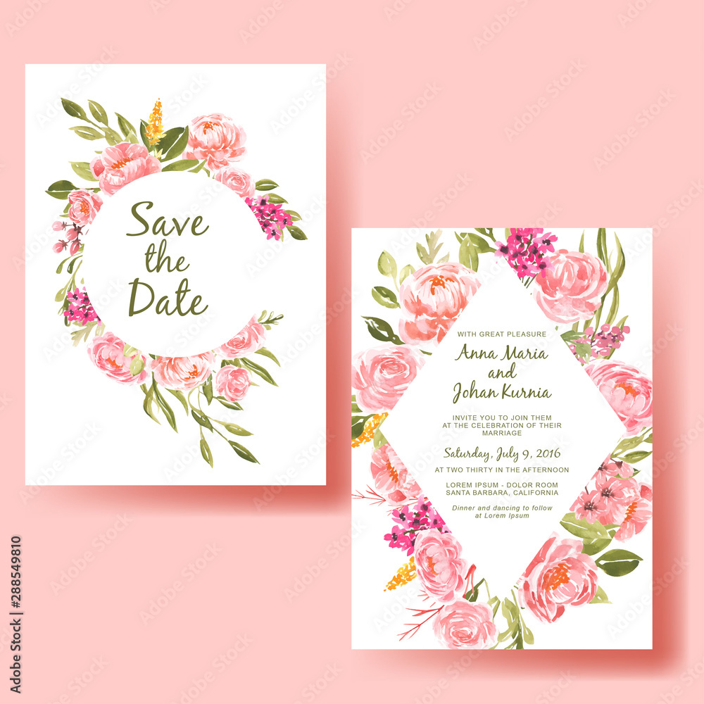 wedding invitation watercolor frame peach flower